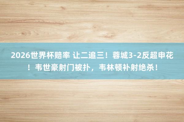 2026世界杯赔率 让二追三！蓉城3-2反超申花！韦世豪射门被扑，韦林顿补射绝杀！